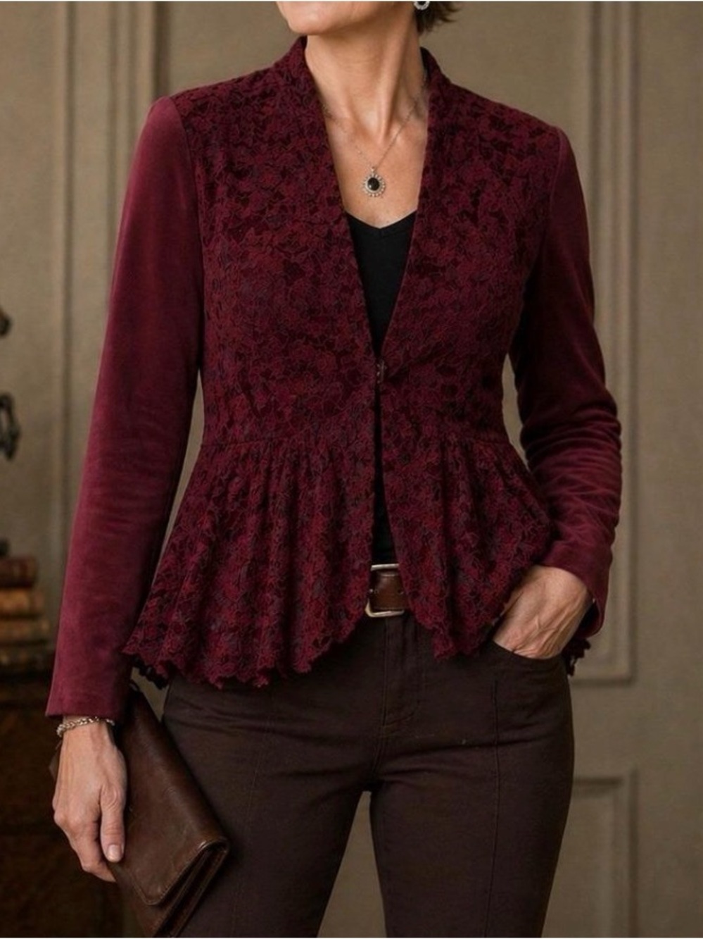 CHICO'S Burgundy Faux Suede Chenille Lace Peplum Jacket Women's Size 2 US L